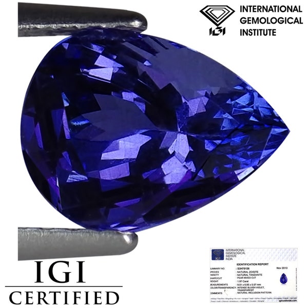 1.97 Ct IGI Certified AA Natural Tanzanite Gemstone Bluish Violet Pear Cut