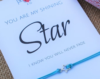 Star Bracelet Make a Wish Bracelet Silver Star Charm Cotton Waxed Cord Bracelet Friendship Bracelet Gift for Couple Inspirational Quote Card