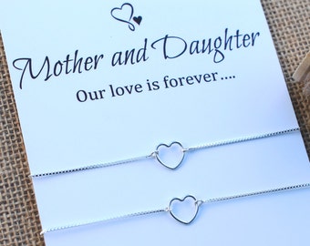 Mother Daughter Bracelets Sterling Silver Heart Bracelet Mom Daughter Friendship Bracelet Gift for Mom Card Inspirational Gift Makeawishxo