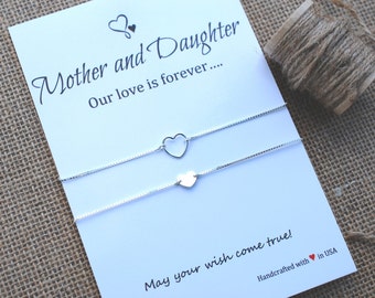 Mother Daughter Bracelet Set Mommy and Me Sterling Silver Heart Bracelet Inspirational Gift for Mom Make a Wish Bracelet Mom Daughter Gift