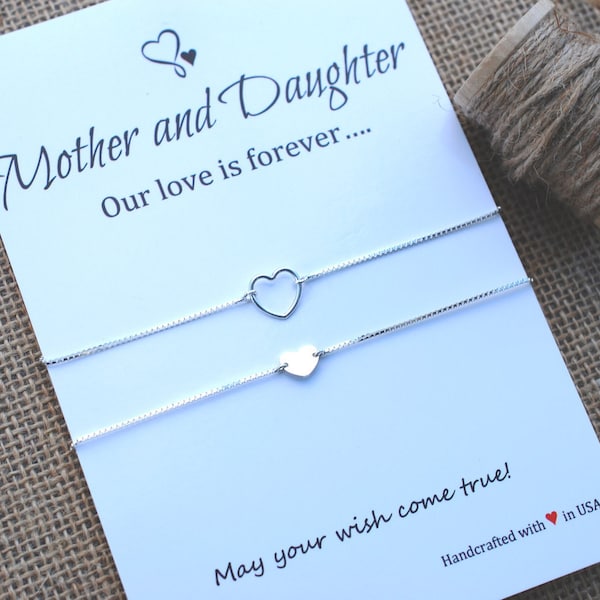 Mother Daughter Bracelet Set Mommy and Me Sterling Silver Heart Bracelet Inspirational Gift for Mom Make a Wish Bracelet Mom Daughter Gift