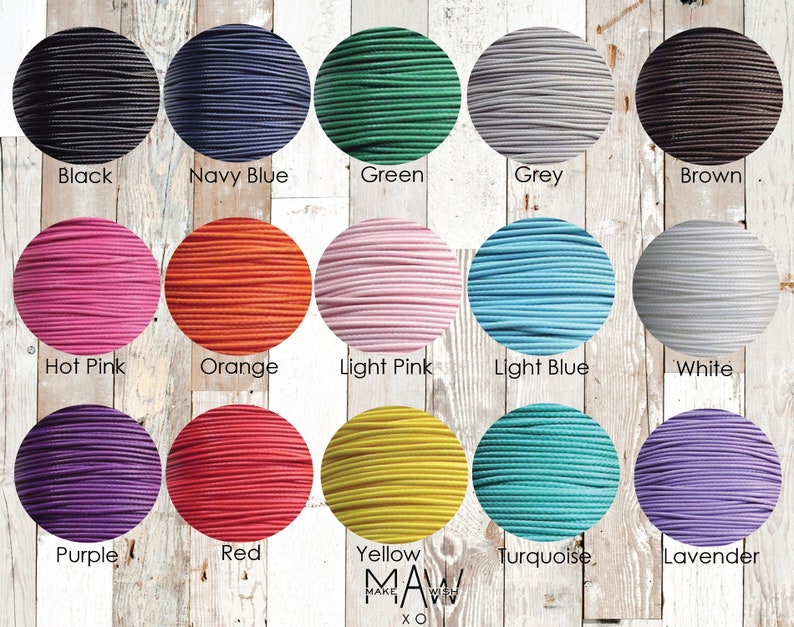 May include: A color chart of 15 different colors of cord, including black, navy blue, green, grey, brown, hot pink, orange, light pink, light blue, white, purple, red, yellow, turquoise, and lavender.