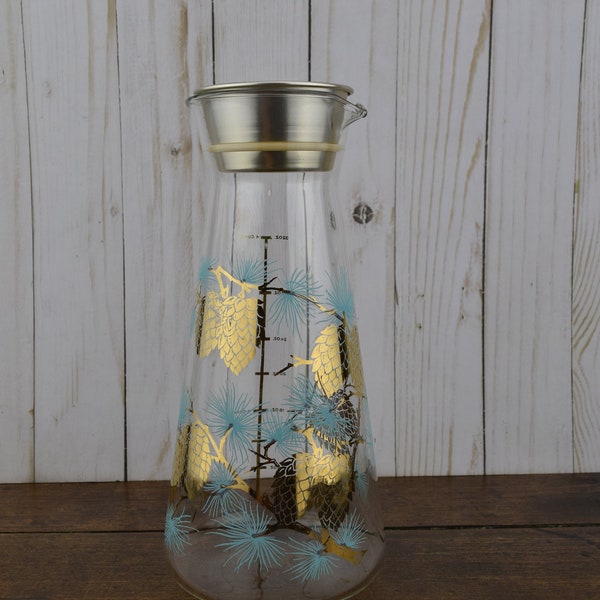 Libbey Douglas Pine Cone Decanter Carafe, Libbey Glass, David Douglas, Shaker/Mixer, Gold and Aqua Pine Cone Design