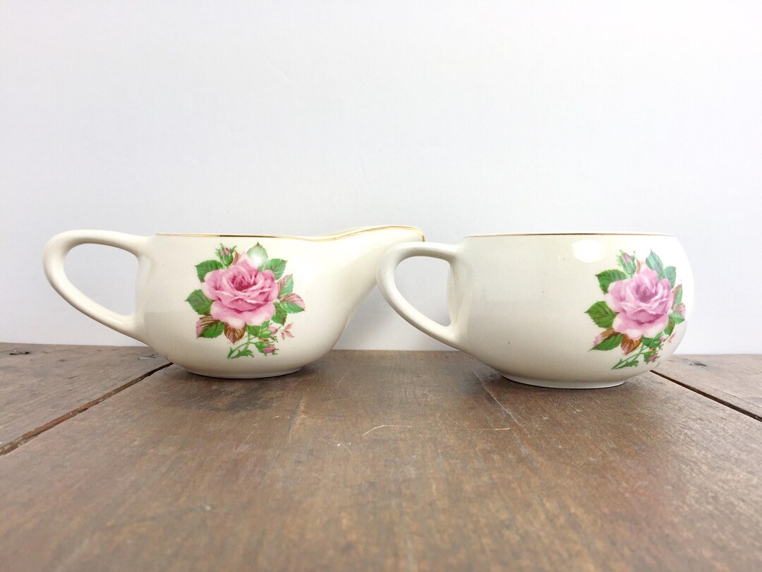 Pink Rose Creamer and Sugar Bowl Vintage Cream and Sugar Bowls, Pink