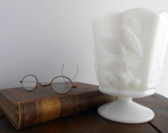 Milk Glass Planter - SALE, Vintage Milk Glass Vase by NAPCO, Cherries and Grapes on Pedestal Base, White Milk Glass Planter, Milk Glass Vase