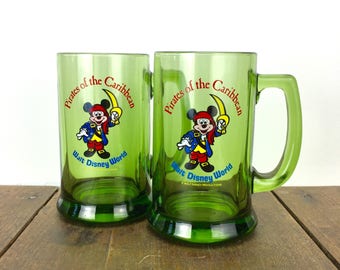 Disney Pirates of the Caribbean Mugs - Set of 2 Vintage Mickey Mouse Mugs, Green Disney Mugs, Walt Disney, Theme Park Souvenir, Vintage Mug