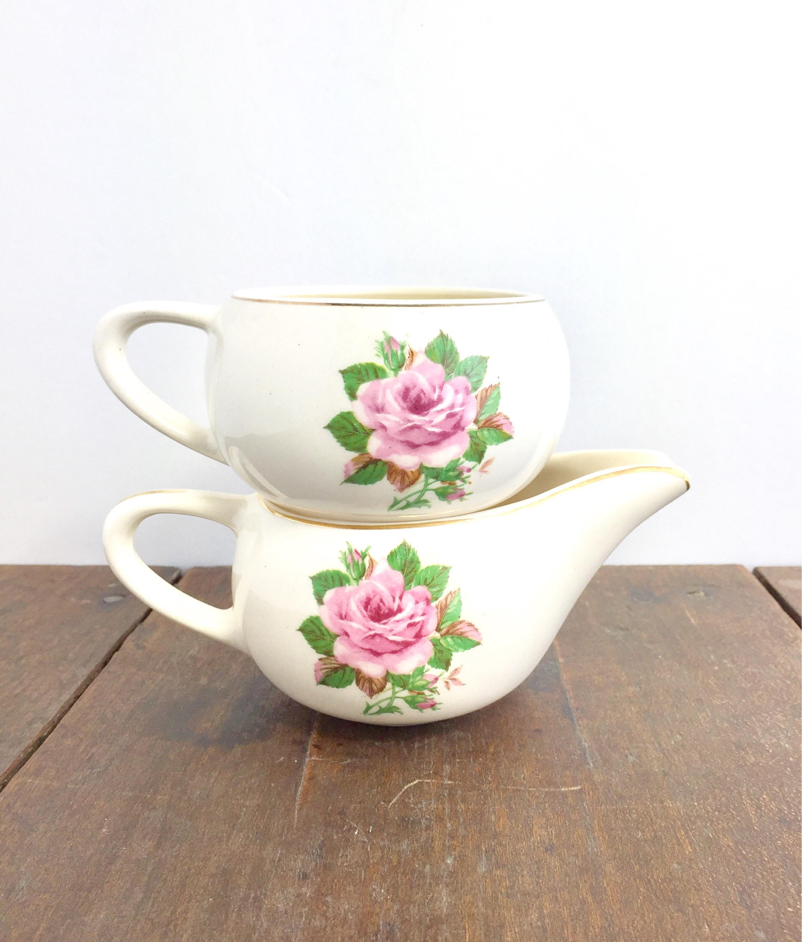 Pink Rose Creamer and Sugar Bowl Vintage Cream and Sugar Bowls, Pink