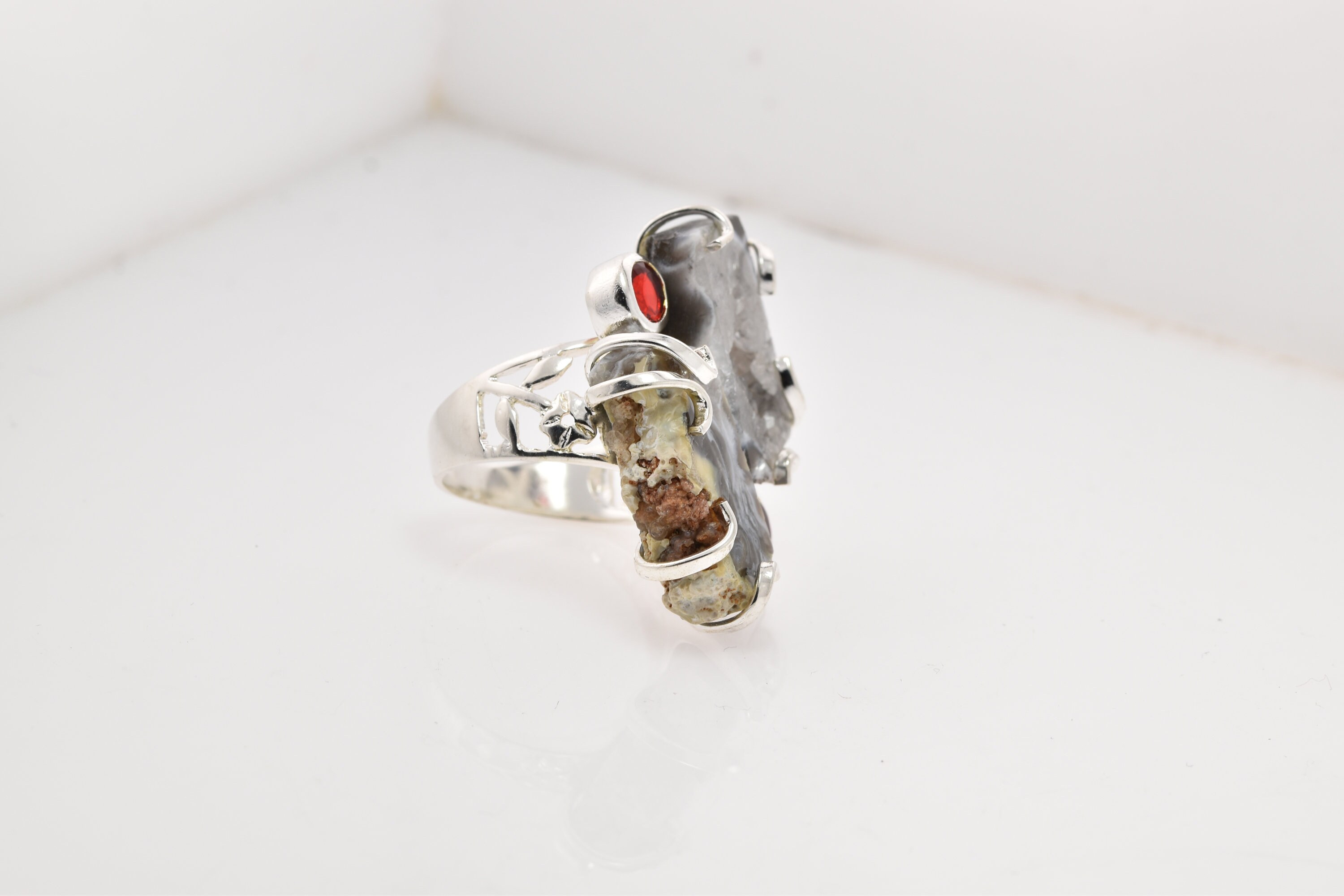 Sterling Silver Rough Cut Agate Stone and  Red Fire Opal Ring