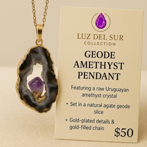 May include: A gold-colored chain necklace with a geode amethyst pendant. The pendant features a raw Uruguayan amethyst crystal set in a natural agate geode slice. The tag reads "LUZ DEL SUR COLLECTION GEODE AMETHYST PENDANT".