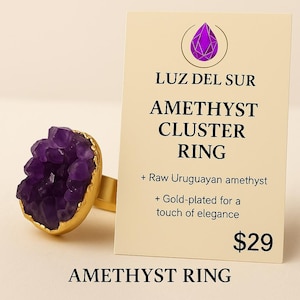 May include: A gold-plated amethyst cluster ring with a raw Uruguayan amethyst. The ring has a large, oval-shaped amethyst stone and the text "LUZ DEL SUR AMETHYST CLUSTER RING" is visible.