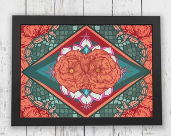 16 x 12 Desert Mandala Illustration // Flower Wall Art // Nature Cactus Succulent Scorpian // Symmetry Geometric Art Print