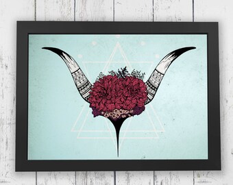 Crown of Horns 12 x 16 Print, Illustration Art Print, Wall Art, Wall Decor, Flowers