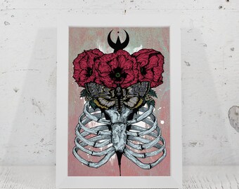 Moon Bound 11 x 17 Print - Illustration Art Print, Wall Art, Wall Decor, Ribcage, Poppies