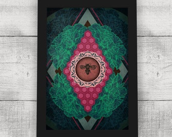 Like Honey to a Bee 11 x 17 Print - Bee Illustration Art Print, Wall Art, Flowers