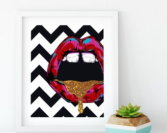 The Kisser 14 x 20 Mouth Print - Illustration Art Print, Wall Art, Wall Decor, Lips Gold Glitter