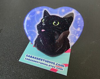 Cute Black Cat Blep Heart Acrylic Phone Grip Pop Socket