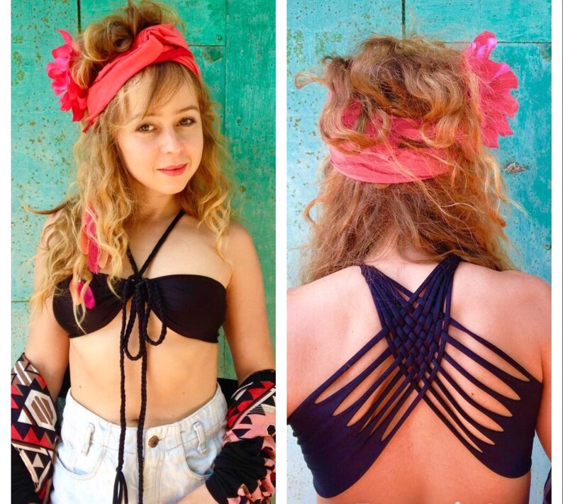 cupless bra rave outfit strappy bralette bikini top halter bra yoga halter top Festival top cage bra handmade halter top rave bra