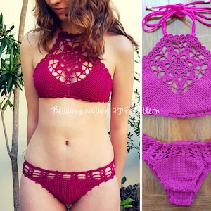 May include: A magenta crochet bikini set. The halter top features a floral design in the center. The matching bottoms have a cutout design along the waistline. The text "Bellamy Nathan PDF Pattern" is visible.