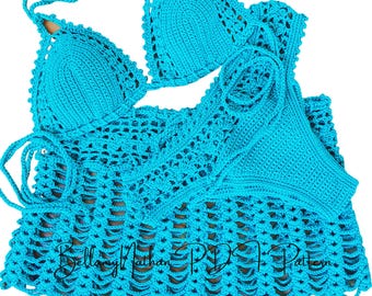 Crochet Pdf Bikini Pattern with Skirt, "Tigerlily" Crochet Bikini Bra, Crochet Brazilian Style Bottom & Crochet Skirt Pattern, Size XS to L