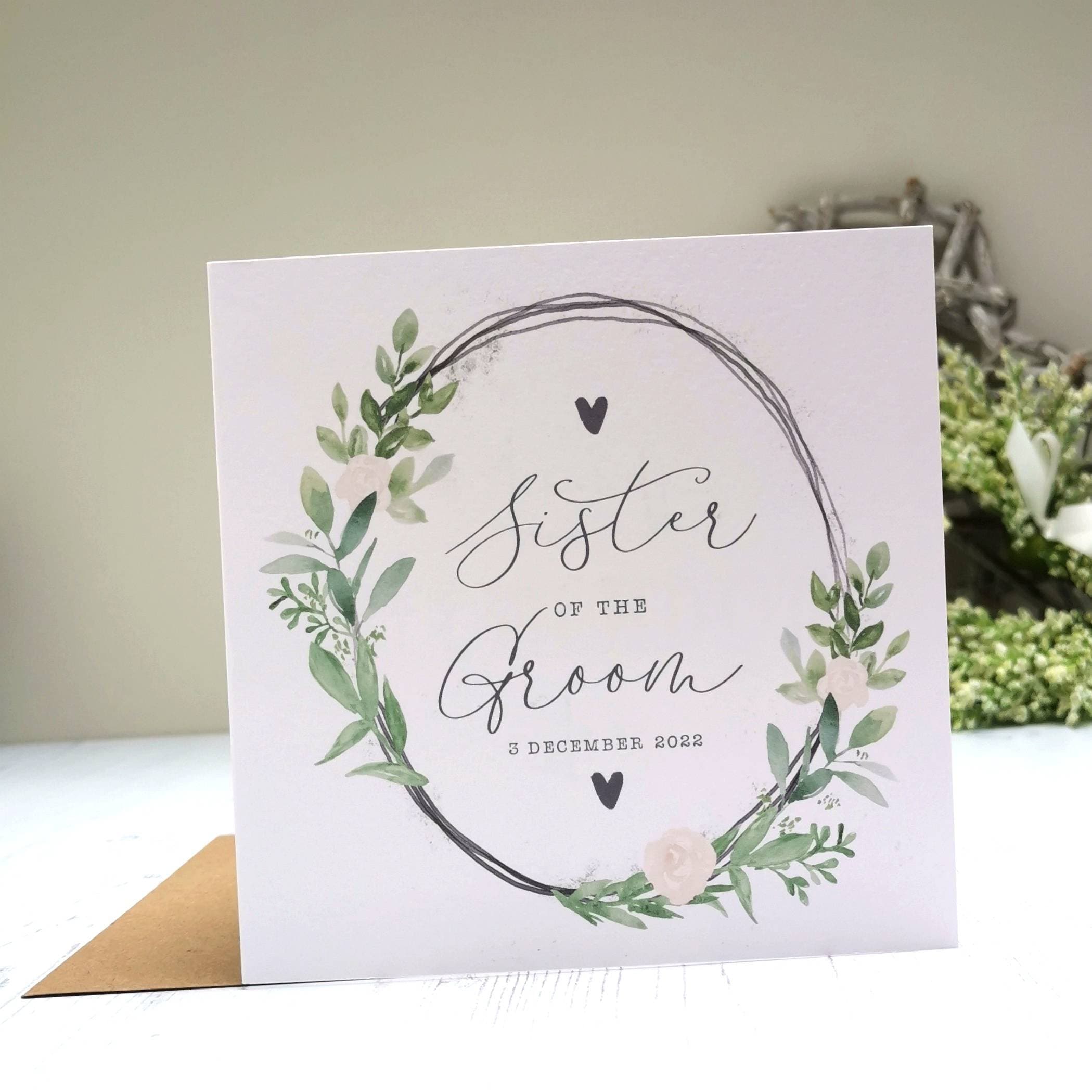 Personalised Sister/Brother Of The Groom Card. Rustic, Greenery, Botanical, Country Floral
