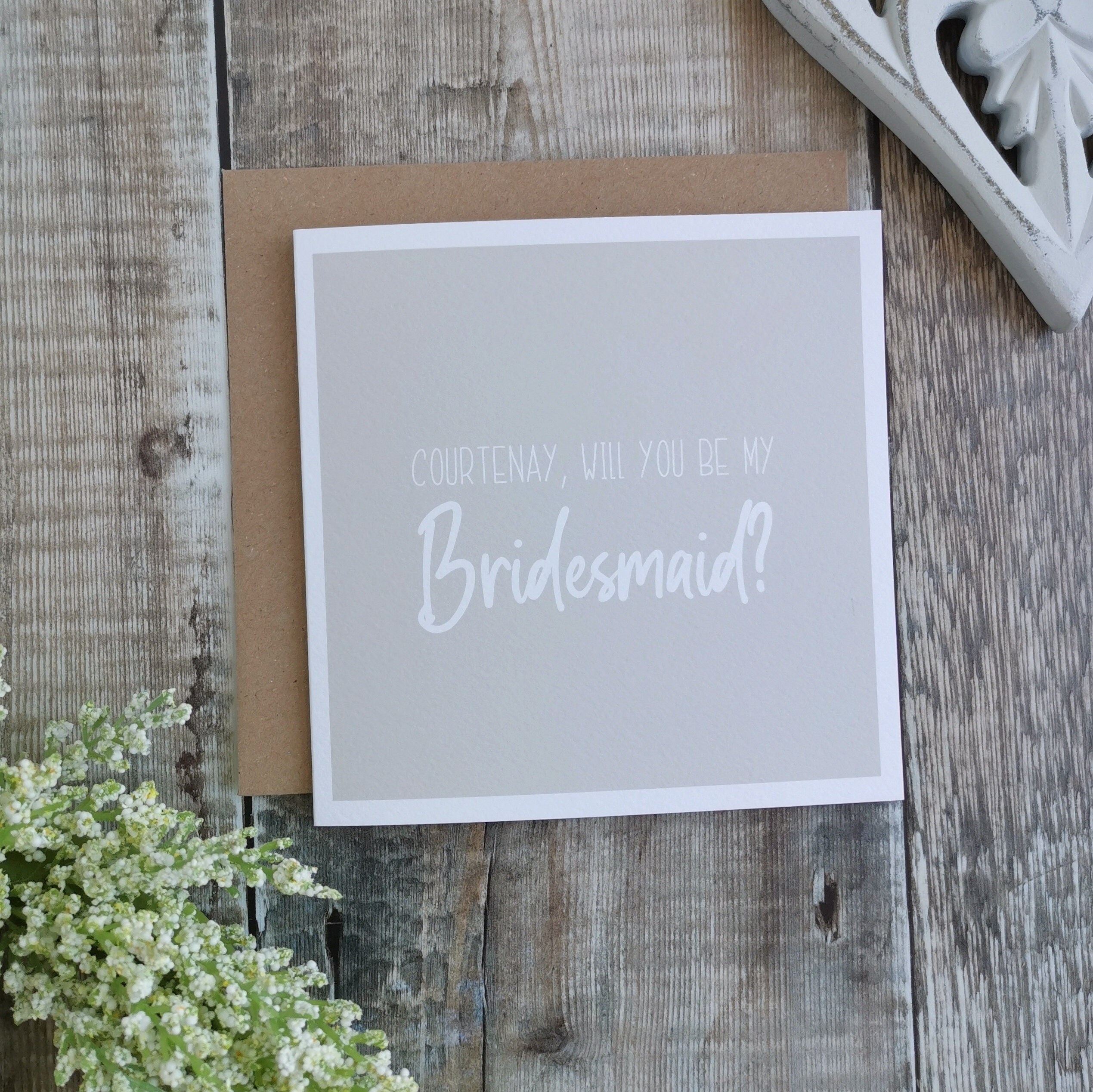 Personalised Will You Be My Bridesmaid, Bridesman, Attendant? Wedding Card. Beige-Grey, Neutral, Modern, Natural, Minimalist Wedding Card