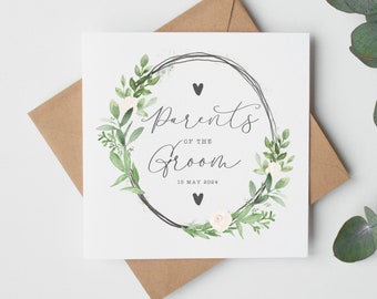 Parents of the Groom wedding day card. Date personalised greeting card for Parents / Mother / Father of the Groom. Greenery, country floral.