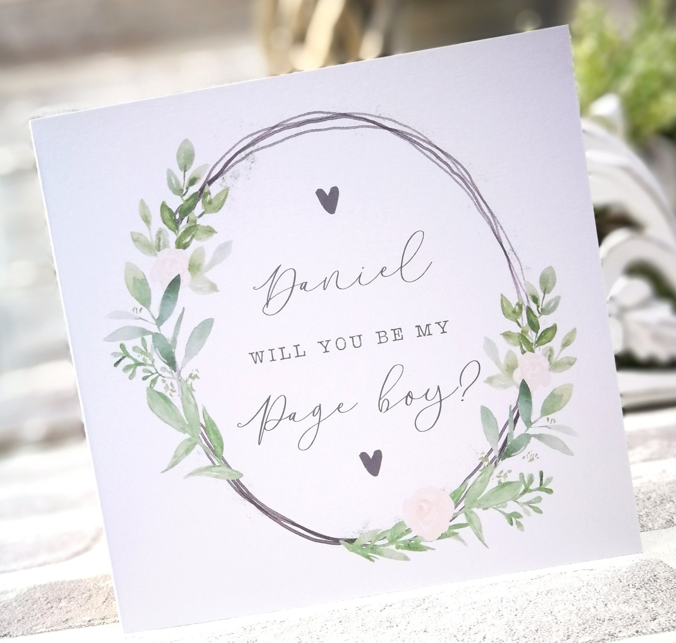 Personalised Will You Be My Pageboy Or Our Ring Bearer Wedding Card. Rustic, Greenery, Botanical, Country Floral Card