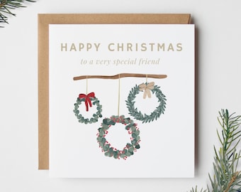 Special / Best Friend Christmas Card | Rustic Country Woodland Wreath Design | Year Personalised Card.