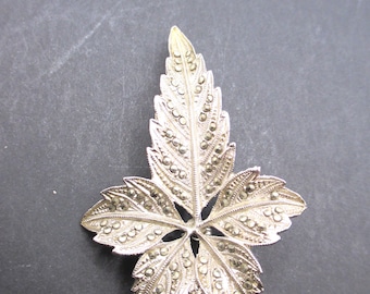 Vintage Silver Tone Marcasite Maple Leaf Brooch