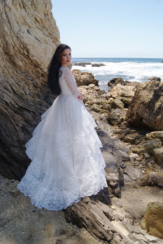 1950s White Lace Tea Length Wedding Dress Long Sleeves Sewn in Dress Weights  for Fabulous Fit Size S 