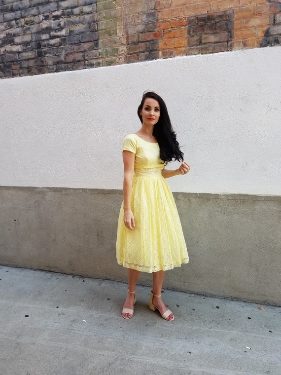 Vintage 1950's Yellow Lace Dress with Satin Bow Si