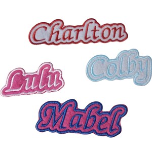 May include: Four embroidered name patches: "Charlton" in red and white, "Lulu" in pink and white, "Colby" in light blue and white, and "Mabel" in pink and blue. Each patch features a cursive font style.
