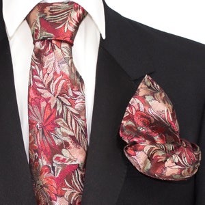 Men&#39;s Gift Red Silver Flowers Handmade Tie Hanky Cufflinks Formal Set