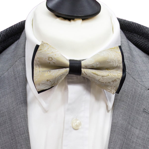 Men's Ivory Diamond Black Gold Paisley Bow Tie