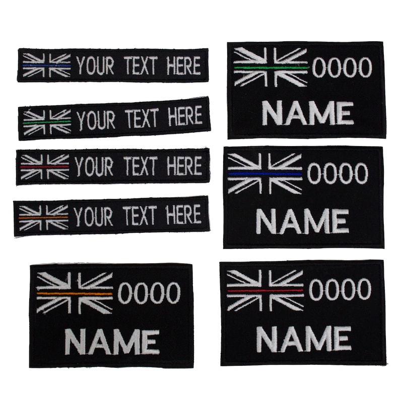 May include: Eight black embroidered patches with a Union Jack flag design. The patches have different colored stripes on the flag and some have text that says "YOUR TEXT HERE" and "NAME" with a number "0000".