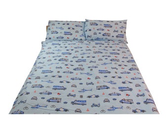 100% katoenen beddengoed Enkele dekbedset met 2 kussens lichtblauwe hulpvoertuigen
