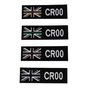 May include: Four black embroidered patches with a white Union Jack flag and a white "CR00" text. Each patch has a thin coloured line across the flag: orange, green, red, and blue.