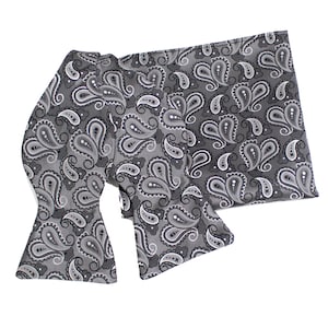 Mens Black and Gray Paisley Bow Tie Self Tie Hanky Neckwear Set