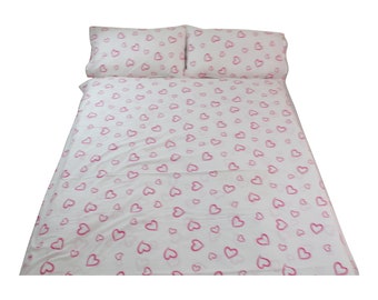 100% Cotton Bedding Single Duvet Set With 2 Pillows White With Pink Hearts