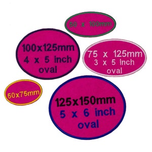 May include: Five pink oval fabric patches with black text and different sizes. The patches are labelled with measurements in millimetres and inches. The largest patch is 125x150mm (5x6 inch oval).