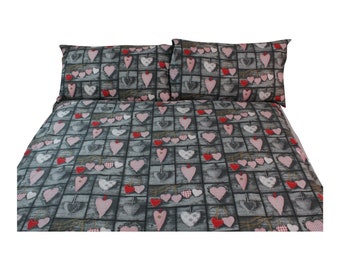 100% katoenen beddengoed Eenpersoons dekbed set met 2 kussens donkergrijs met rode en roze harten