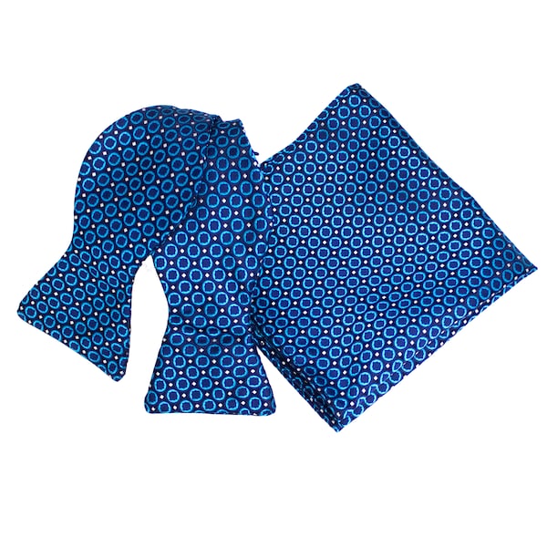 Mens Navy and Blue Squares Circles Bow Tie Self Tie Hanky Neckwear Set