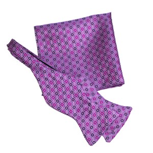 Mens Pink and Purple Squares Bow Tie Self Tie Hanky Neckwear Set