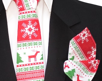 Men's Christmas Trees Reindeer Snowflakes Green Red Tie & Hanky Set CH011