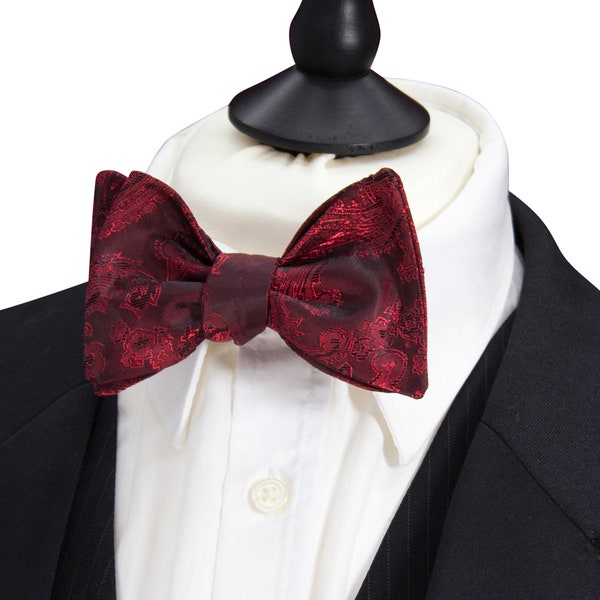 Men's Burgundy Paisley  Bow Tie Self Tie And Pocket Square