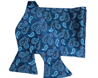 Mens Blue and Navy Paisley Bow Tie Self Tie Hanky Neckwear Set