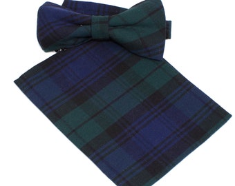 Men's Black Watch Tartan Bow Tie And Hanky Pocket Square Set  Adjustable Necktie R03