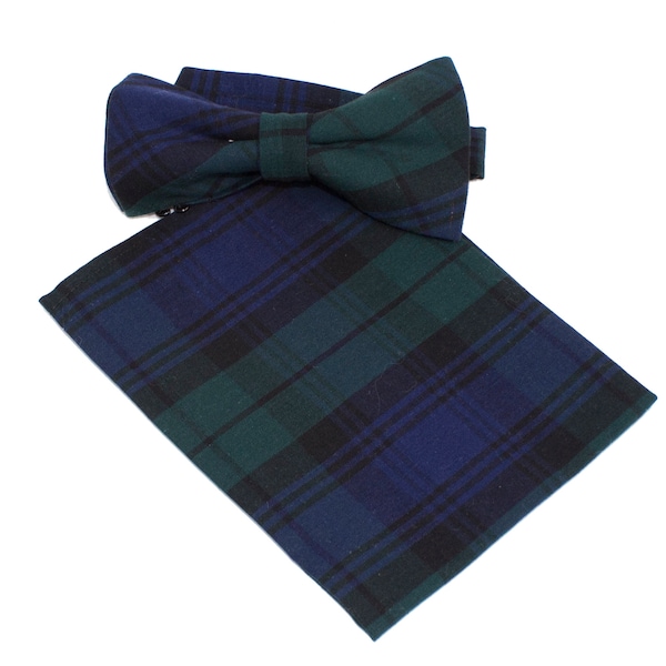 Men's Black Watch Tartan Bow Tie And Hanky Pocket Square Set  Adjustable Necktie R03