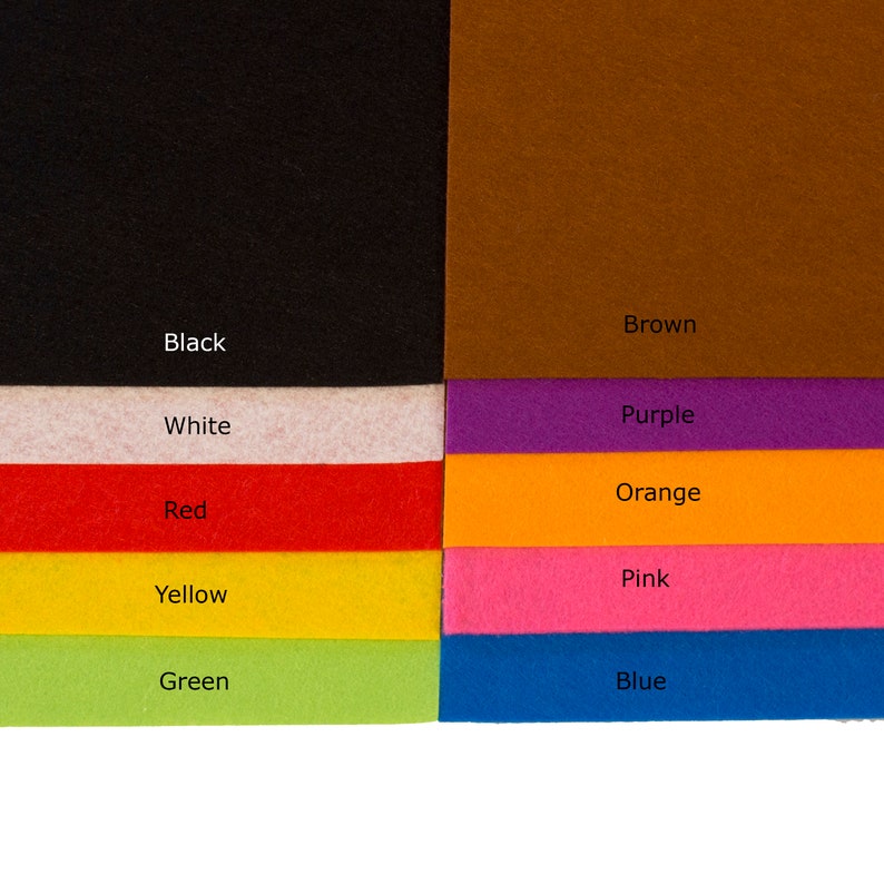 K&ouml;nnte beinhalten: Ein Satz von 10 Filzquadraten in verschiedenen Farben, darunter Schwarz, Wei&szlig;, Rot, Gelb, Gr&uuml;n, Braun, Lila, Orange, Rosa und Blau. Die Filzquadrate sind in zwei Reihen angeordnet, wobei sich die Farben abwechseln.