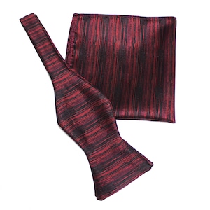 Mens Black and Burgundy Striped Bow Tie Self Tie Hanky Neckwear Set